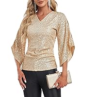 Sequin Tops for Women 3/4 Sleeve Blouse for Women Dressy Sparkly Tops V Neck Outfits for Party Glitter Tops