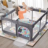 Dripex Playpen for Babies and Toddlers, Safe Anti-Fall Play Yard, Visible Play Pen with Gate, Baby Fence Play Area with Pull-up Ring, Washable Baby Play Yards, Anchor Grey, 50