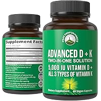 Peak Performance Advanced Vitamin D 5000 IU with All 3 Types of Vitamin K Vitamin D3 and Vitamin K2, K1, MK-7 (MK7), MK4 Supplement. 60 Small and Easy to Swallow Vegetable Pills (5000 IU)