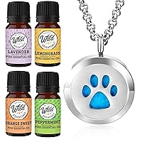 Wild Essentials Dog Paw Necklace Essential Oil Diffuser Kit with Lavender, Lemongrass, Peppermint, Orange Oils, 12 Refill Pads, Calming Aromatherapy Gift Set, Customizable Color Changing, Perfume