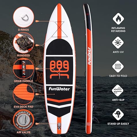 FunWater Stand Up Paddle Board Ultra-Light Inflatable Paddleboard with ISUP Accessories,Three Fins,Adjustable Paddle, Pump,Backpack, Leash, Waterproof Phone Bag