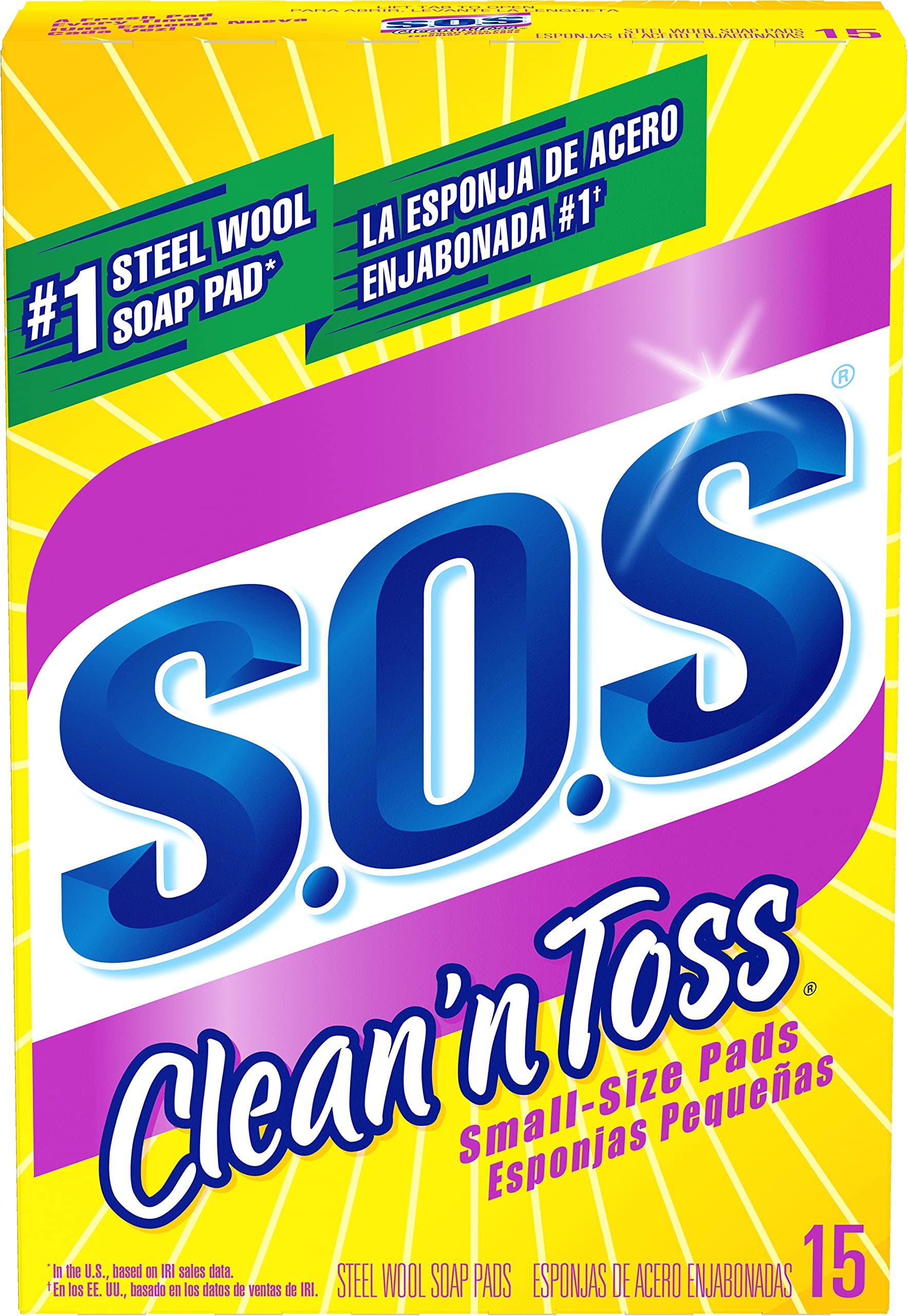S.O.S Clean n' Toss Steel Wool Soap Pads, Home Cleaning Pads, Reusable Soap Scrubbers, Grease Cleaner, Outdoor, Bathroom or Kitchen Cleaning, Small Size Pads, 15 Count