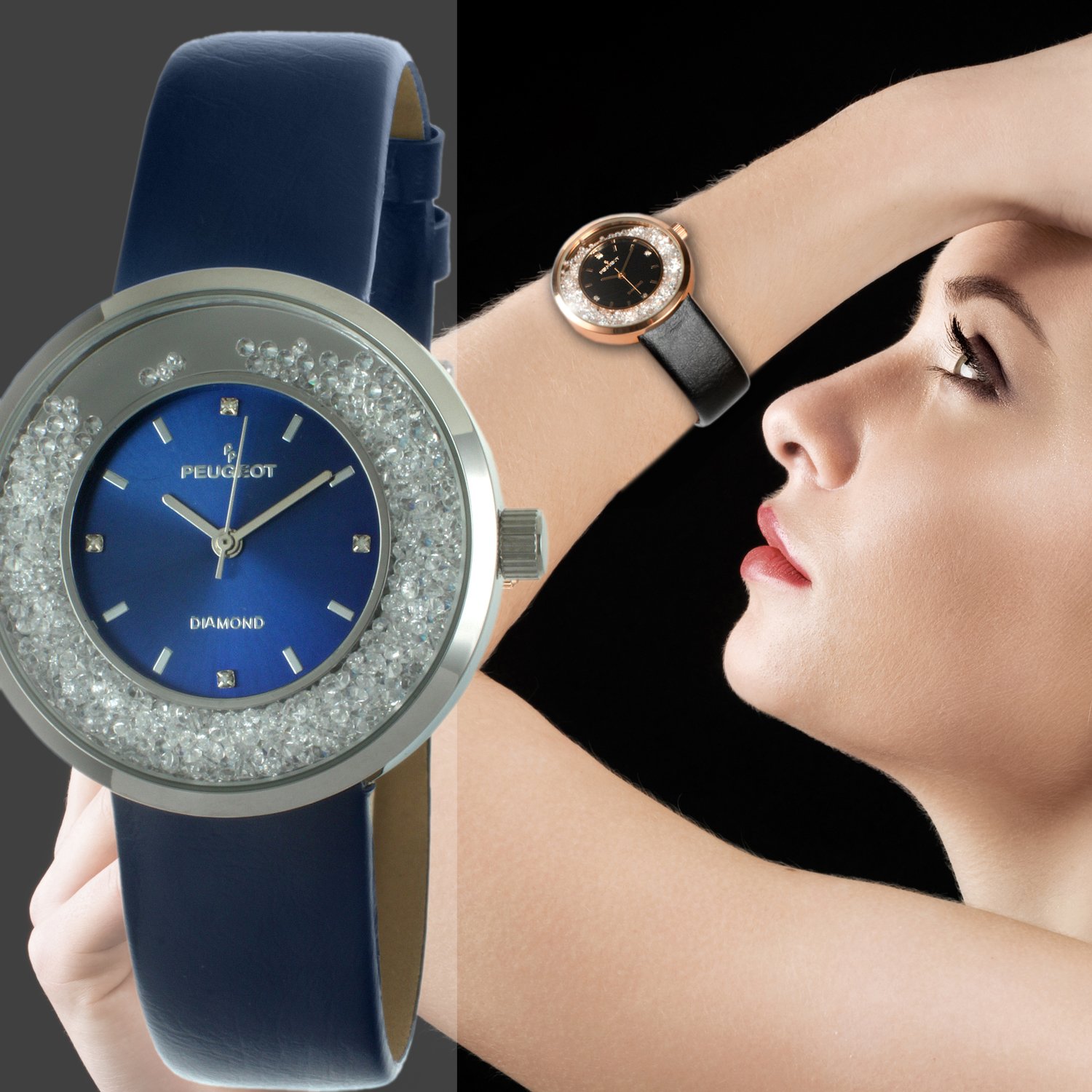 Peugeot Women Round Dress Watch - Slim Thin Case with Floating Genuine Diamond CZ and Leather Strap
