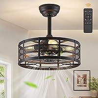 16in Caged Ceiling Fans with Lights and Remote, Bladeless Fandelier Ceiling Fan with 6 Speeds and Timing, Farmhouse Samll Fan Lights Ceiling Fixtures For Kitchen, Bedroom, Outdoor-Black Mesh
