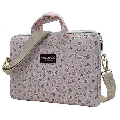 Canvaslove Pink Chrysanthemum Pattern Canvas Laptop Shoulder Messenger Bag Case Sleeve for 14 Inch 15 Inch Laptop