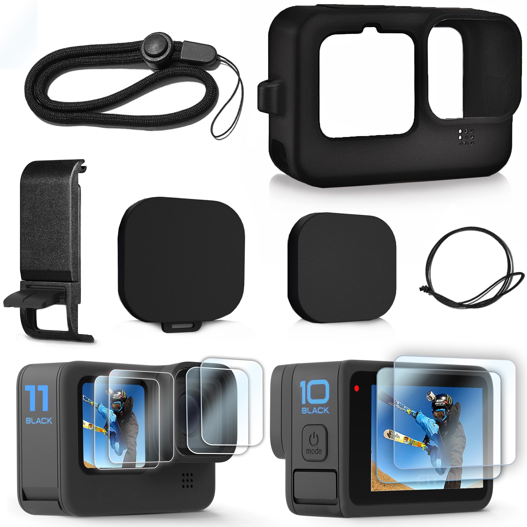 FitStill Silicone Sleeve Case for Go Pro Hero 11 /Hero 10 /Hero 9 Black, Battery Side Cover & Screen Protectors & Lens Caps & Lanyard for Go Pro Hero 11 /10 / 9 Accessories Kit