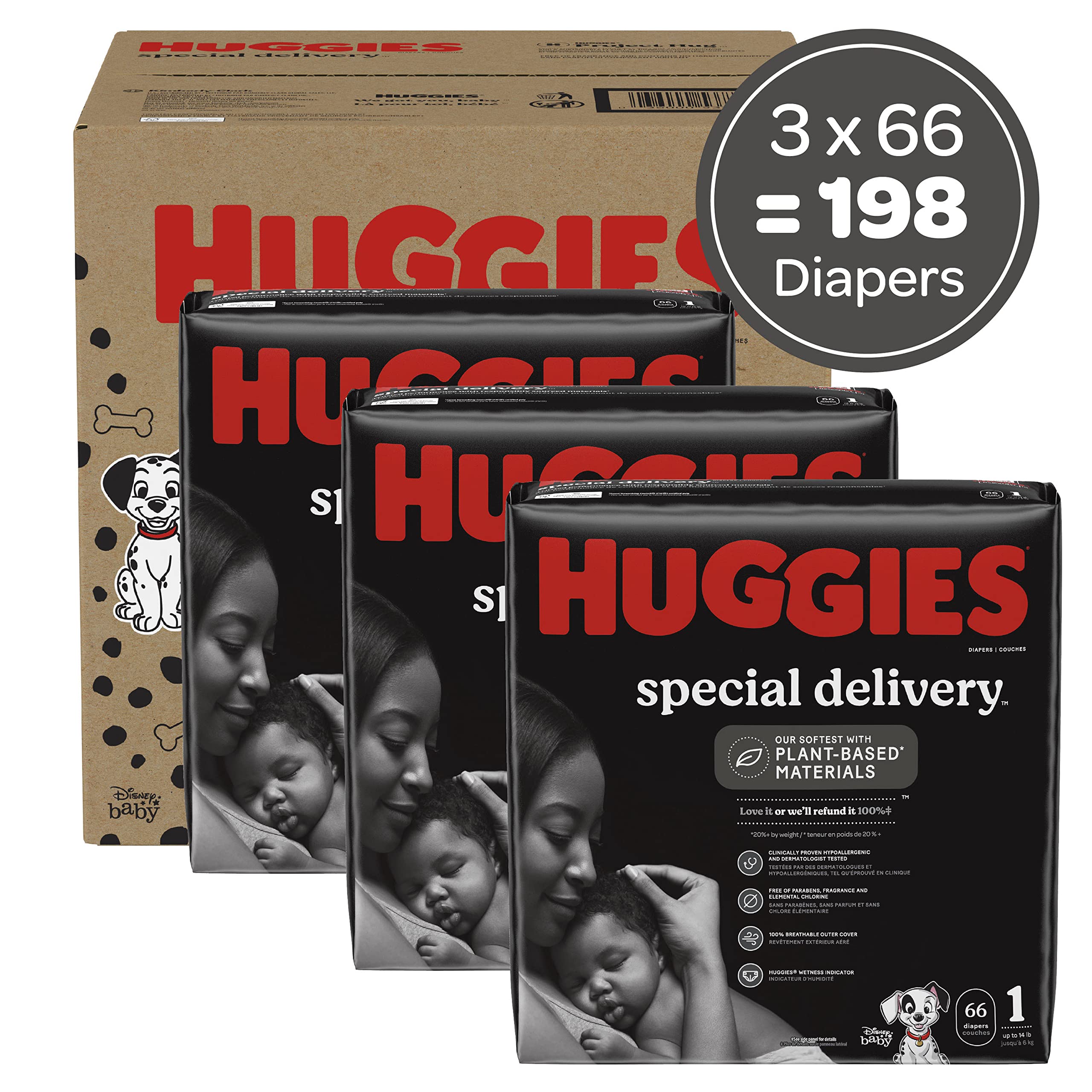 Huggies Special Delivery Hypoallergenic Baby Diapers Size 1 (up to 14 lbs), 198 Ct, Fragrance Free, Safe for Sensitive Skin