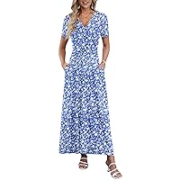 AUSELILY Women's Summer Maxi Dress Short Sleeve Floral Print Bohemian V Neck with Pockets