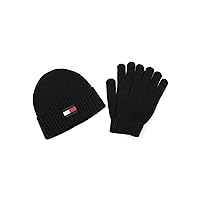 Tommy Hilfiger Men's Emboidered Flag Watch Cap and Glove Set, Black