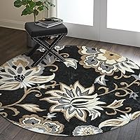 Lahome Floral Black Round Rugs - 3Ft Washable Round Area Rug Non-Slip Small Round Entryway Rug Throw Soft Bedroom Circle Rug Paisley Print Accent Distressed Circular Rug for Bathroom Sofa Living Room