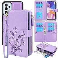 Lacass for Samsung Galaxy A23 5G / 4G (Not for 5G UW Version) Case [ Card Slots] ID Credit Cash Holder Zipper Pocket Detachable Leather Wallet Cover Wrist Strap Lanyard (Floral Light Purple)