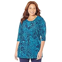 Catherines Women's Plus Size Easy Fit 3/4-Sleeve Scoopneck Tee - 1X, Deep Teal Paisley