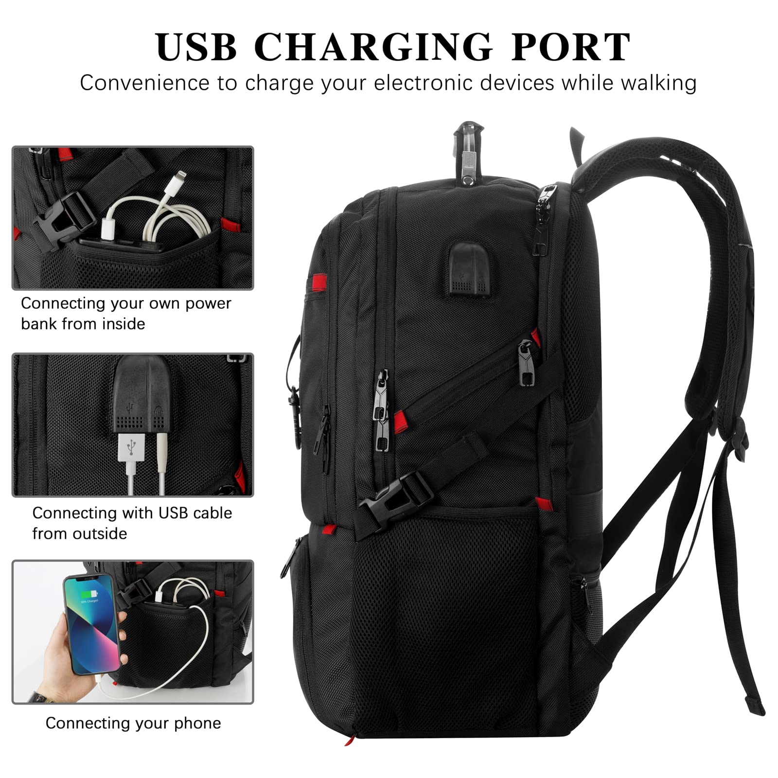 VESERI Travel Business Laptop Backpack for 18.4in PC with Shoe Compartment USB Charging Port,Sport Gym Bag for College Hiking Camping,Waterproof Bookbag School Backpack for Men Women Boys,Black
