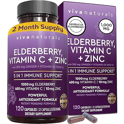 Viva Naturals Elderberry with Vitamin C and Zinc for Adults - 5 in 1 Sambucus Black Elderberry Capsules with Vitamin D3 5000 IU, Elderberries Immune Support Supplement - Vitamins for Women & Men