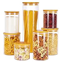 Vtopmart Glass Food Storage Jars, 7 Pack Food Containers with Airtight Bamboo Wooden Lids for Pasta, Cookies, Nuts, Coffee Beans, Cereal, Glass Canisters for Kitchen, Pantry Organization, BPA Free