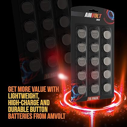 AmVolt 15 Pack CR2032 Batteries [Extended Life] 220mAh 3 Volt Lithium Replacement Airbag 3v C2032 Watch Battery Coin Round Button Cell - Key FOB - Child Resistant | 5 Year Guarantee Shelf-Life