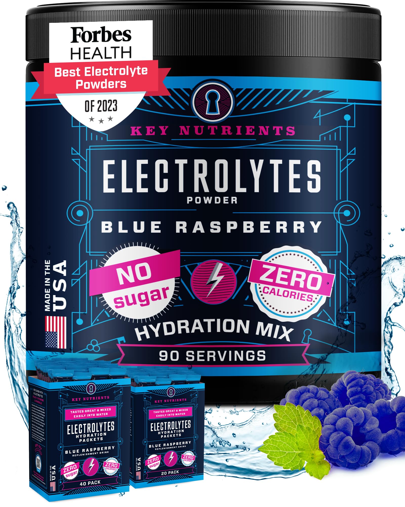 KEY NUTRIENTS Electrolytes Powder No Sugar - Delicious Blue Raspberry Electrolyte Drink Mix - Hydration Powder - No Calories, Gluten Free - Powder and Packets (20, 40 or 90 Servings)