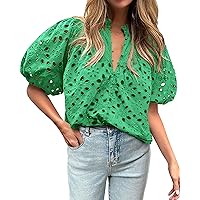 BTFBM Women's Casual Summer Blouse Tops Hollow Out Eyelet Embroidery V Neck Buttons Puff Short Sleeve Dressy Boho Shirt