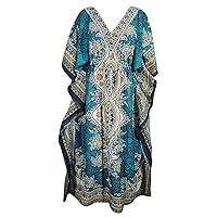 Floral Print Long Caftan Tunic Dress Nightdress Beach Dress Maxi Kaftan Nightwear Plus Size Cover Up Dresses For Women (Teal)