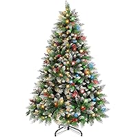 6.5ft Prelit Flocked Artificial Christmas Tree with 11 Modes Dual Color Lights, Pinecones, Berries - Indoor/Outdoor Holiday Decoration