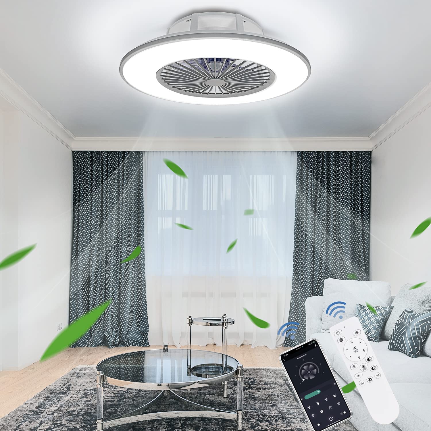 Unikcst Leise LED Deckenventilator Mit Beleuchtung Dimmbar 32W Deckenleuchte Ventilator Mit Fernbedienung und APP-Steuerung 6 Windgeschwindigkeit Lüfterlicht Farbwechsel 2700K-6500K