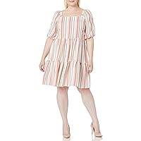 Gabby Skye Women's Plus Size Elbow Sleeve Square Neck Stripe Short Crepe Babydoll Dress