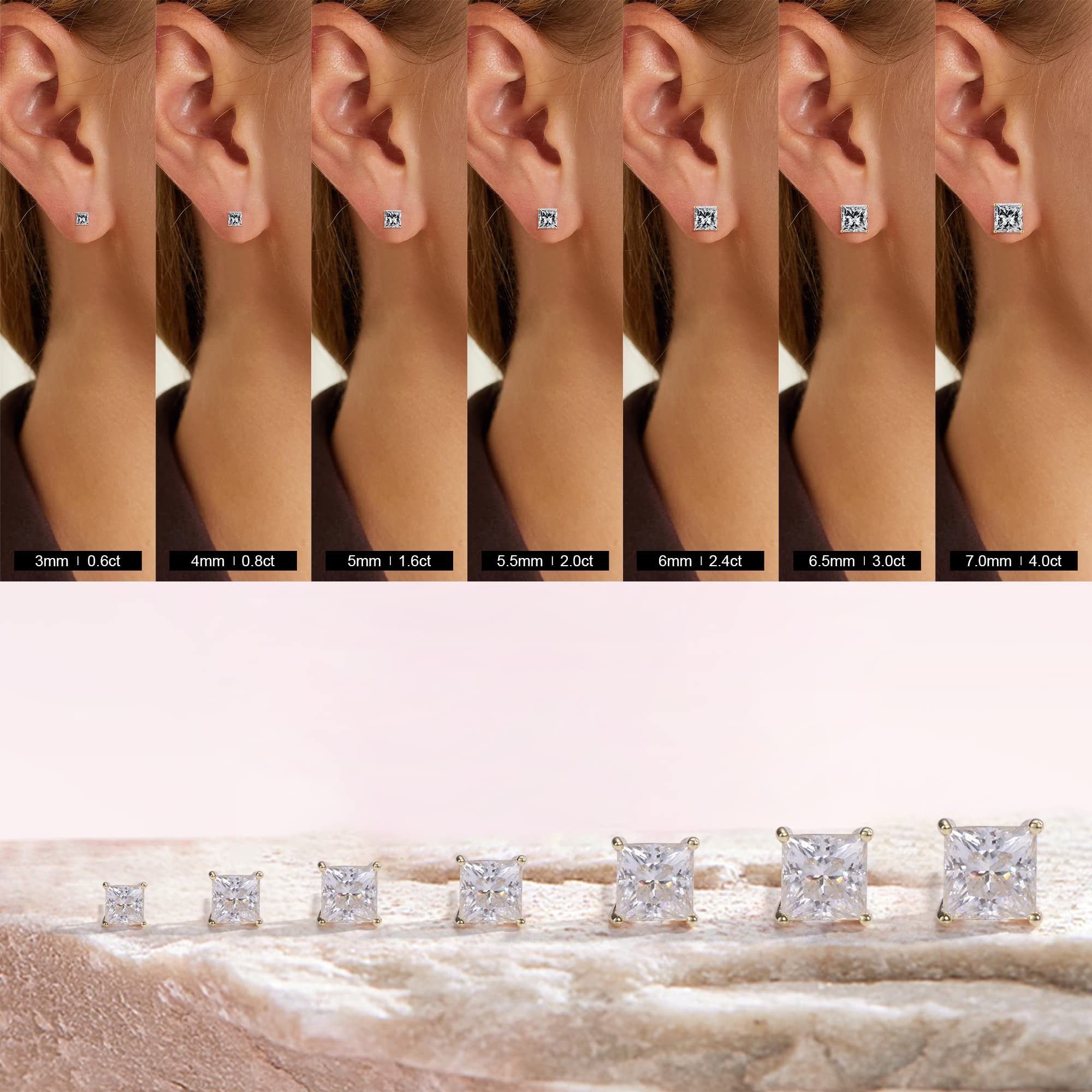 SMILEST 0.6-4ct Princess Moissanite Earrings for Women, D Color VVS1 Clarity Lab Created Diamond Earrings 18K White Yellow Rose Gold Vermeil S925 Sterling Silver Moissanite Screw Back Earrings Studs