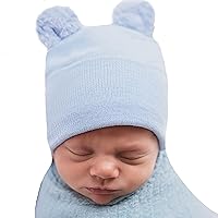 Newborn Hospital Hat Blue - 2 ply Hospital Fabric - Infant Baby Hat Cap with Cute Fuzzy Bear Ears