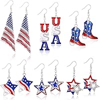 6 Pairs 4th of July Earrings for Women Patriotic American Star Flag Dangle Drop Earring Red White Blue Holiday Jewelry Gift