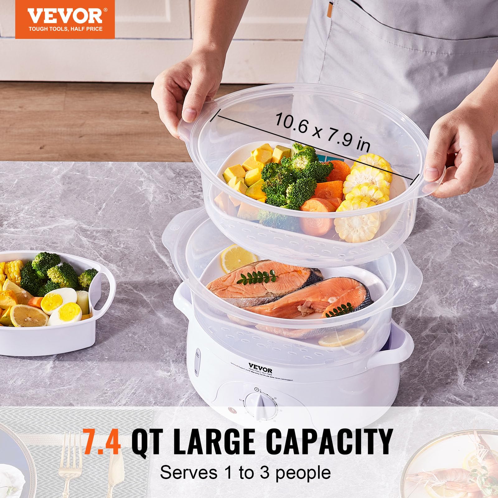 VEVOR Electric Food Streamer, 7.4Qt Electric Vegetable Steamer with 2-Tier Stackable Trays, Food-Grade Food Steamer for Cooking with 60 Min Timer, Auto Shut-Off & Boil Dry Protection (800W)…