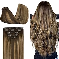 DOORES Clip in Human Hair Extensions, 5pcs 75g Balayage Chocolate Brown to Caramel Blonde 16 Inch Hair Extensions Clip in Human Hair Straight