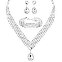 M MIRACULOUS GARDEN 3/4 Pieces Women Jewelry Set Rhinestone Tiara Crown Necklace Bangle Bracelet Crystal Teardrop Dangle Earrings and Rhinestone Handbag for Wedding Party