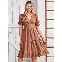 Dresses for Women Puff Sleeve Ruffle Hem Dress (Color : Apricot, Size : Small)