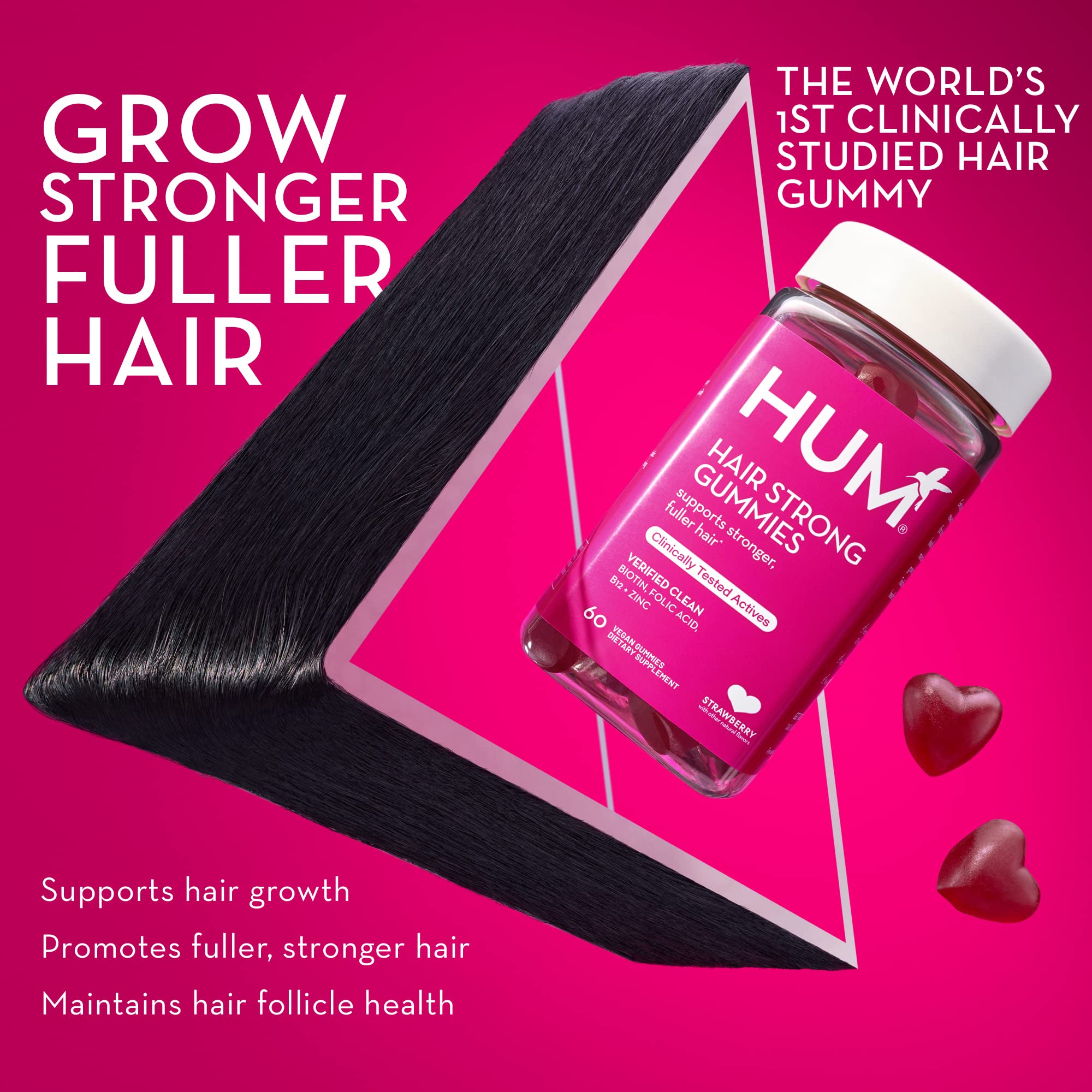 HUM Hair Strong - Daily Gummies with Biotin to Improve Hair Growth - Fo Ti, Folic Acid, Zinc, Vitamin B12 & PABA to Support Healthy Hair, Skin and Nails for Women and Men (30-Day Supply)