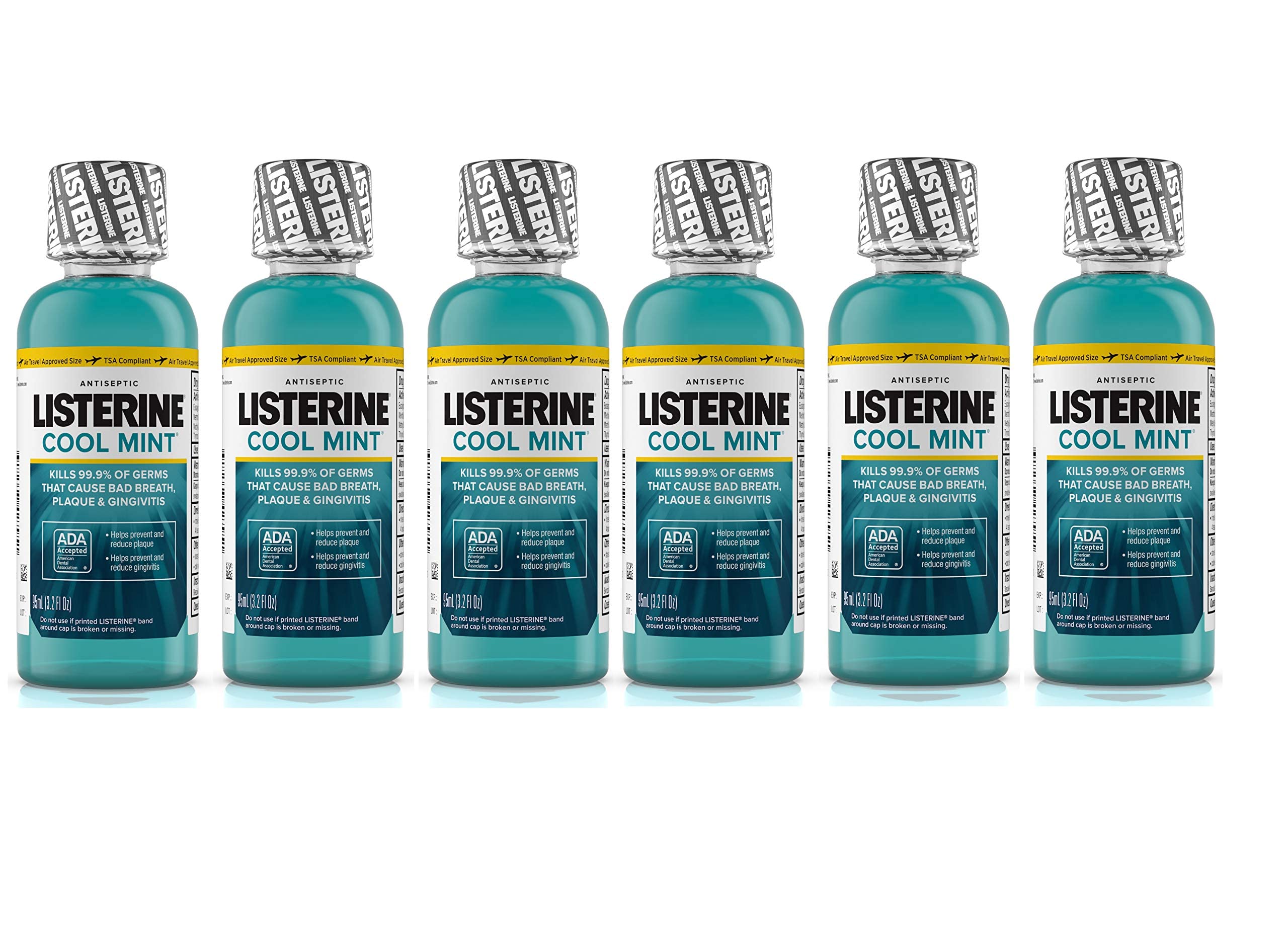 Listerine Cool Mint Antiseptic Mouthwash for Bad Breath, Travel Size 3.2 oz - Pack of 6