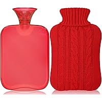 Hot Water Bottle with Cover Knitted, Transparent Hot Water Bag 2 Liter - Red