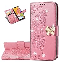 for Redmi Note 13 Pro Phone Case Wallet, Women Flip Folio PU Leather Protective Case Wrist Strap Card Slots Holder Stand Case for Xiaomi Redmi Note 13 Pro 4G Diamond Butterfly Pink SD