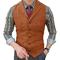 Mens Slim Fit Herringbone Tweed Suits Vest, Lapel V Neck Casual Formal Groomman Lightweight Waistcoat for Prom Banquet Work ( Color : Orange , Size : Large )