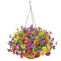 Artificial Flowers in Basket,Artificial Fake Flowers UV Resistant Rose Eucalyptus Plants in 10 inch Coconut Lining Hanging Baskets for Outdoor Indoor Patio Lawn Garden Deocr