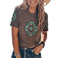 Female Aztec Shirt Retro Geometry Print Crew Casual Short Sleeve Western Style Loose T -Shirt Ladies
