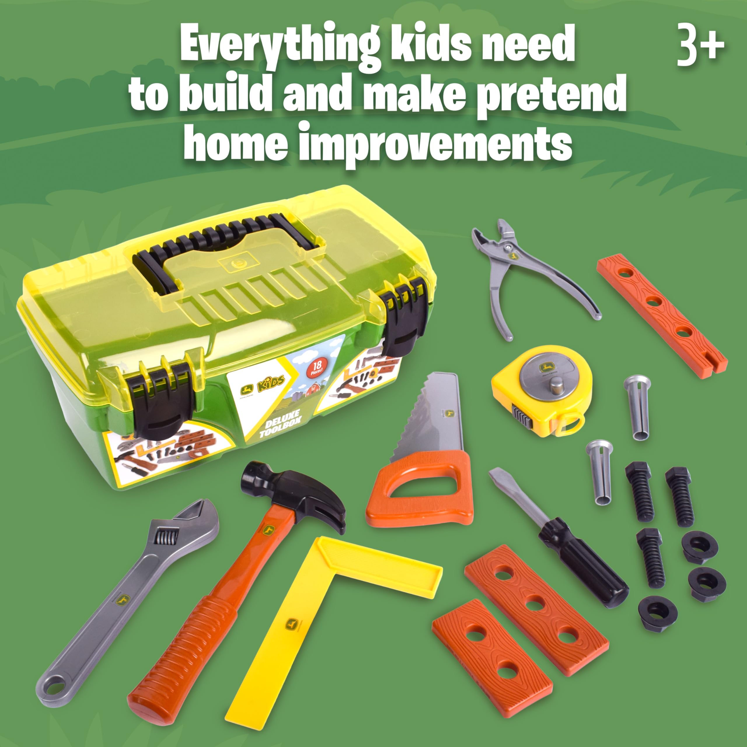 Sunny Days Entertainment John Deere 18 Piece Deluxe Tool Box – Construction Playset with Tape Measure and More Tools