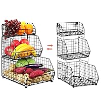 3 Tier Fruit and Vegetable Basket Wall-Mounted & Countertop Organizer for Potato Onion Stackable Wire Baskets for Pantry Kitchen Cabinet for Produce Snack Canned Food Storage, Black