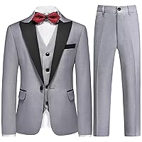 Boys Suits 3 Piece Slim Fit Formal Set One Button Solid Tuxedo Jacket Vest Pant for Kids Prom Wedding 4-16 Years Peak Lapel