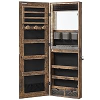 SONGMICS Mirror Jewelry Cabinet Armoire Organizer, Wall or Door Mount Storage Cabinet with Full-Length Frameless Lighted Mirror, Built-in Makeup Mirror, 2 Drawers, Lockable, Rustic Brown UJJC013X01