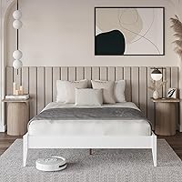 Bme Dinkee Signature Ivory White Queen Bed Frame Without Headboard - Modern & Minimalist Style with Acacia Wood - 12 Strong Wood Slat Support - Easy Assembly - No Box Spring Needed