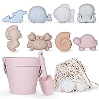 11Pcs Silicone Beach Toys,Modern Baby Beach Toys,Travel Friendly Beach Set,Silicone Bucket, Shovel, 8 Sand Molds, Beach Bag,Silicone Sand Toys for Toddlers, Kids (Pink)