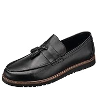 Men's Black Calfskin King Size Handmade Tassel Loafer Shoes Slip on Casual Shoes
