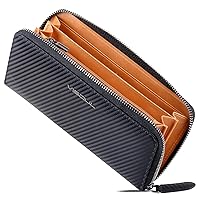 VISOUL Leather Long Zippered Pouch Wallet for Men with RFID Blocking Two-tone, Large Carbon Fiber Leather Clutch Cash Long Wallet with Zipper (Black+Tan)