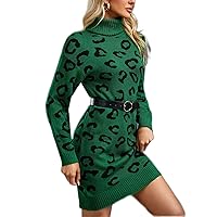 Sweater Dress for Women - Leopard Pattern Turtleneck Sweater Dress Without Belt (Color : Green, Size : Large)