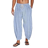 COOFANDY Men's Cotton Linen Harem Pants Drawstring Casual Cropped Trousers Lightweight Loose Beach Yoga Pants with Pockets